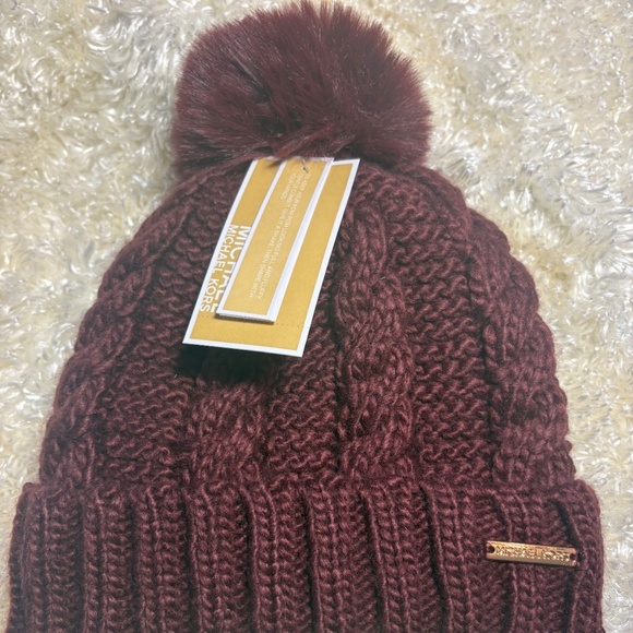 MICHAEL Michael Kors Accessories - NWT- MICHAEL KORS Burgundy chunky cable knit lined hat with pompom one size